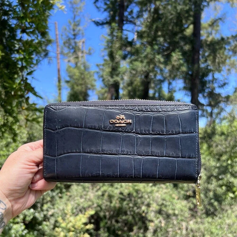 COACH Blue Croc Embossed Womens Long Zip-Around Accordion Wallet Gold Hardware